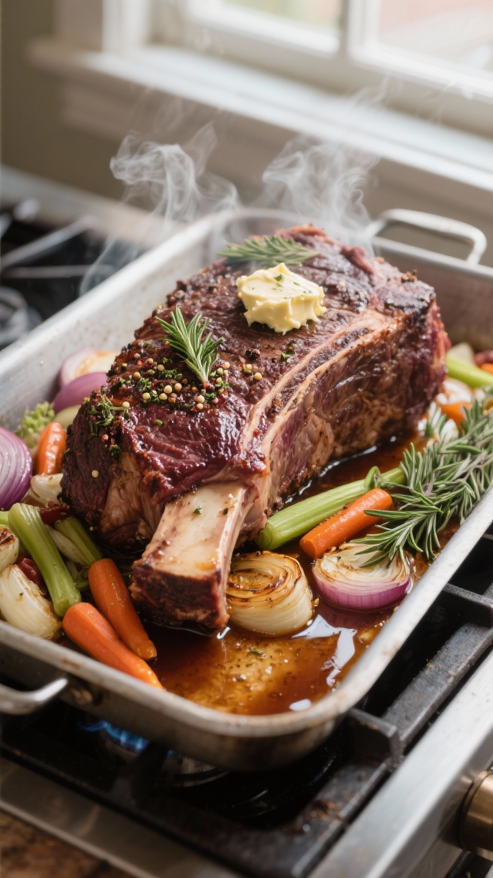 Close-up detail, cooking process: Herb-garlic butter–rubbed prime rib just after the initial high-