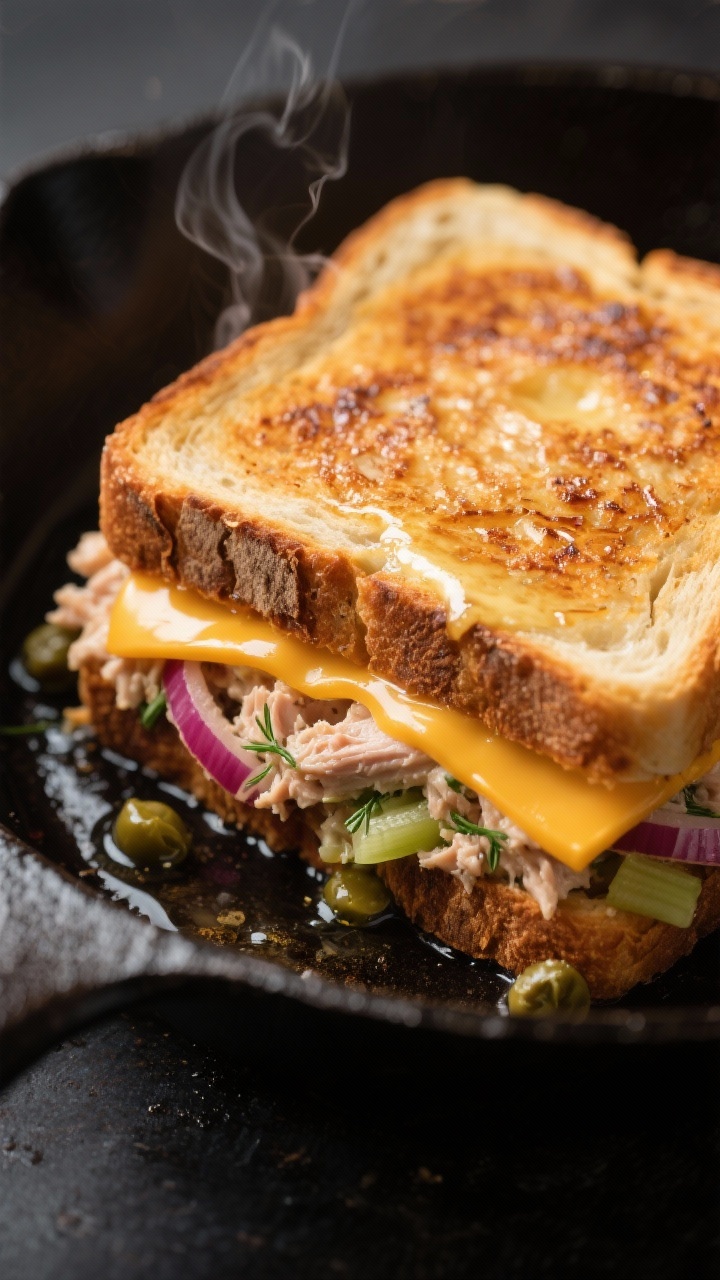 Close-up detail, cooking process: Tuna melt sandwich grilling low and slow in a cast-iron skillet, b
