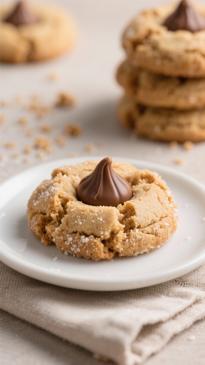 Close-up detail of a cooled Peanut Butter Blossom on a small white ceramic plate, showcasing the sof