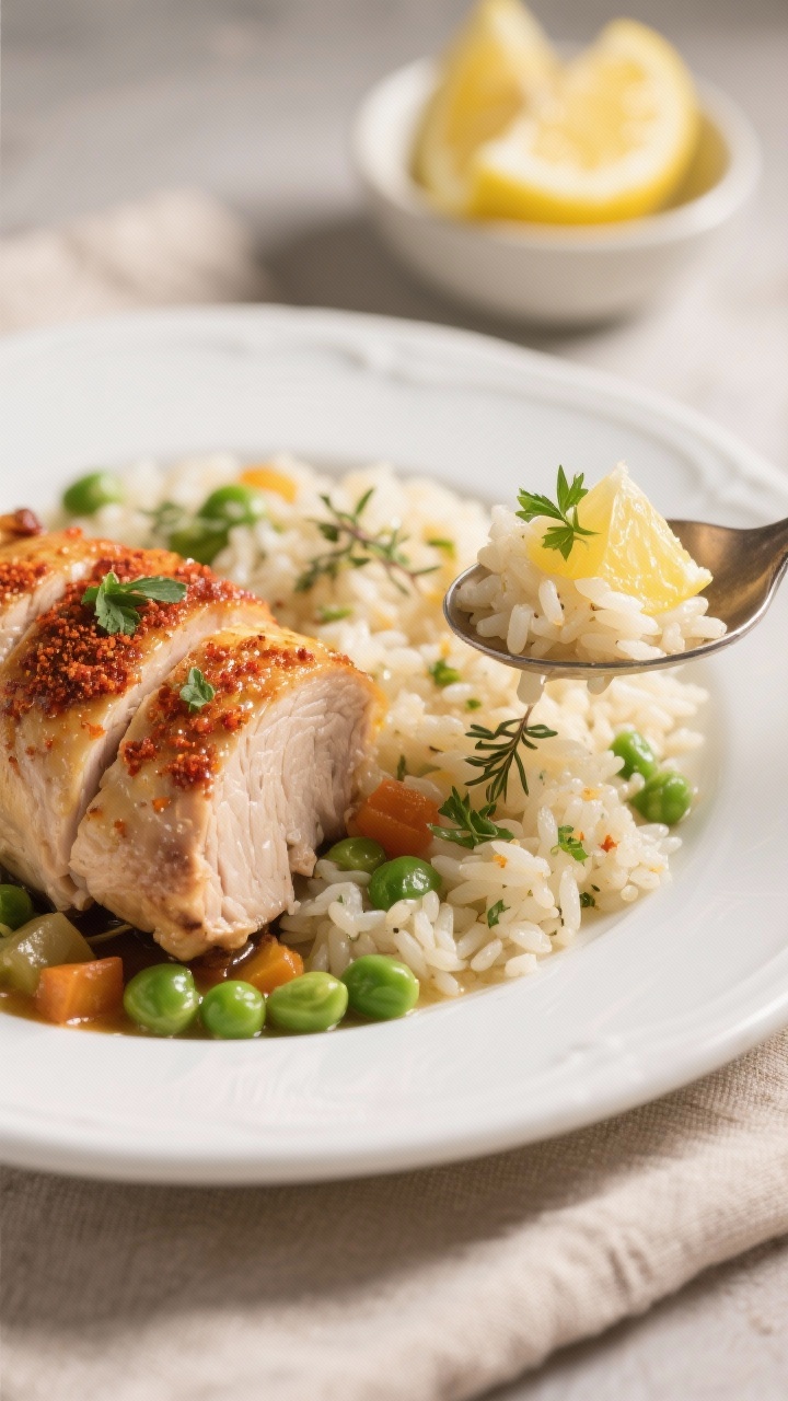 Close-up detail of a plated serving: juicy chicken thigh sliced slightly to reveal moist meat, crisp