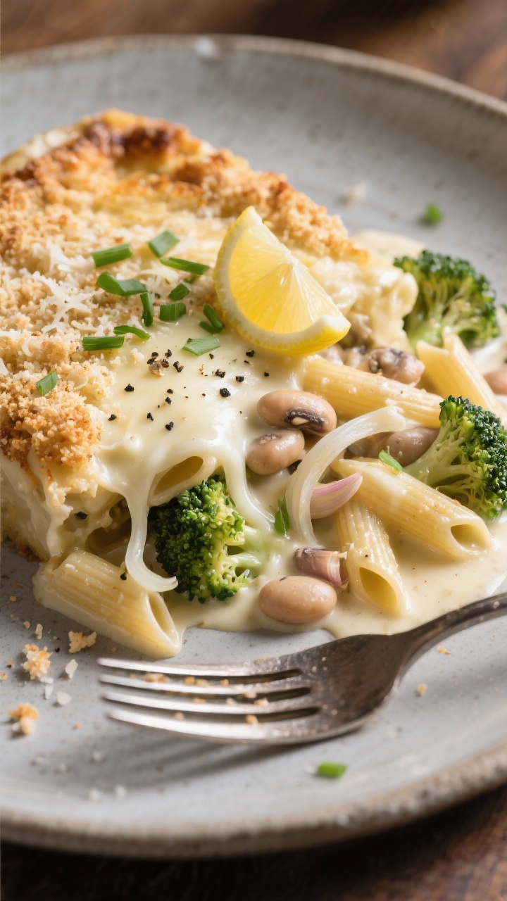 Close-up detail of a plated serving of the casserole on a matte stoneware plate: creamy interior wit