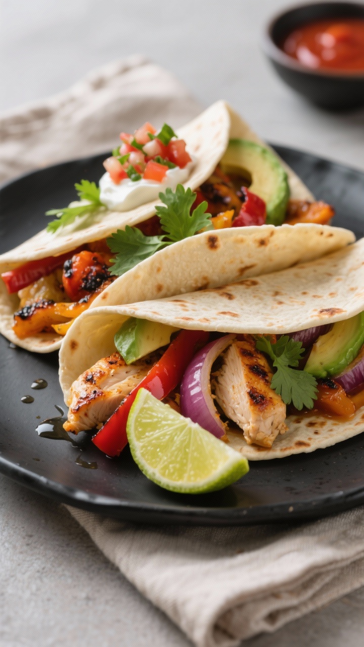 Close-up detail of assembled chicken fajitas on a matte black plate: two warm flour tortillas folded