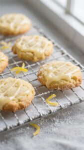 Close-up detail of freshly baked soft & chewy lemon cookies cooling on a wire rack, centers plush an