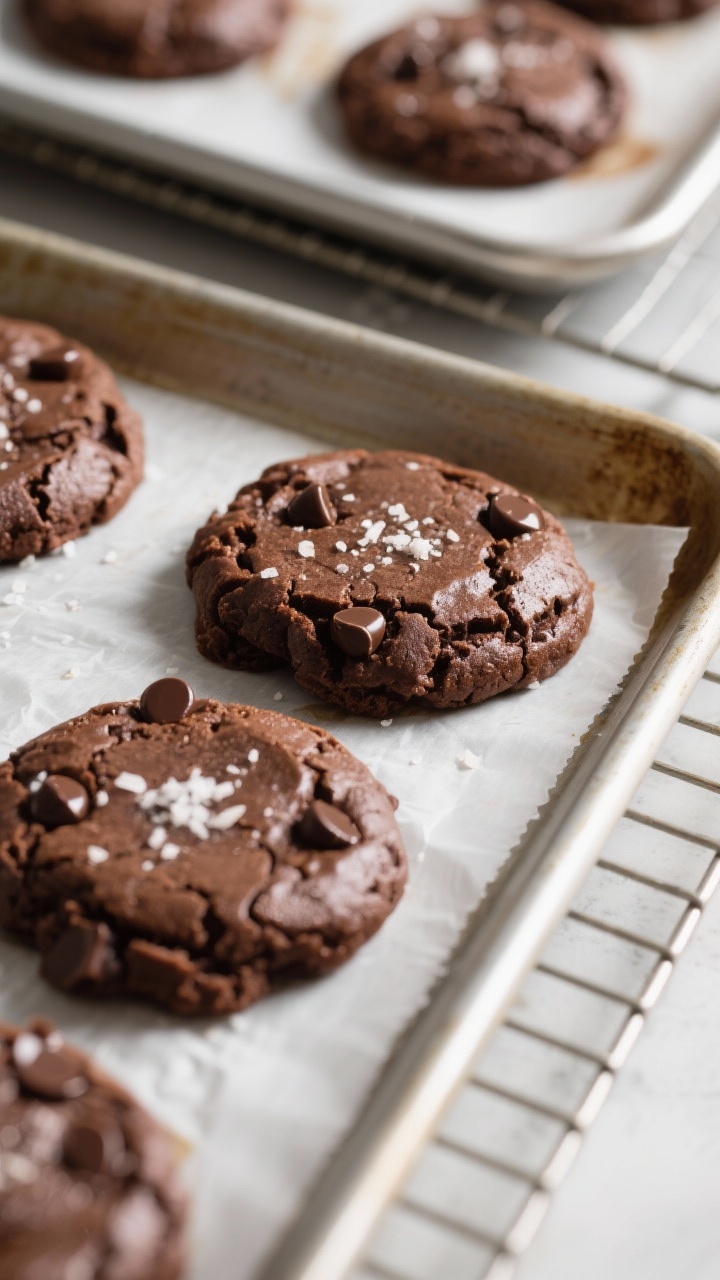 Close-up detail/process shot: A tray of freshly baked brownie cookies just out of the oven, resting 