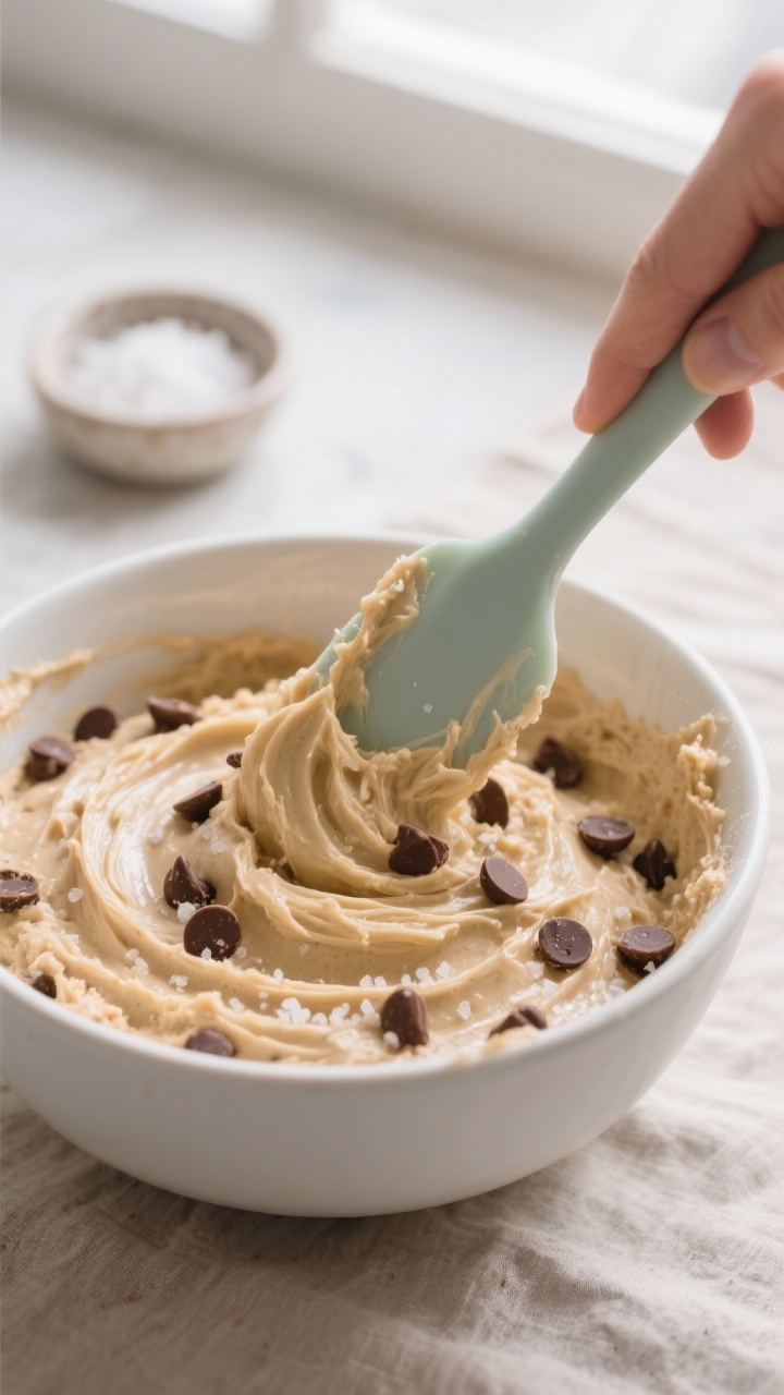 Close-up detail, process shot: Smooth, creamy no-bake cookie dough being folded with a silicone spat