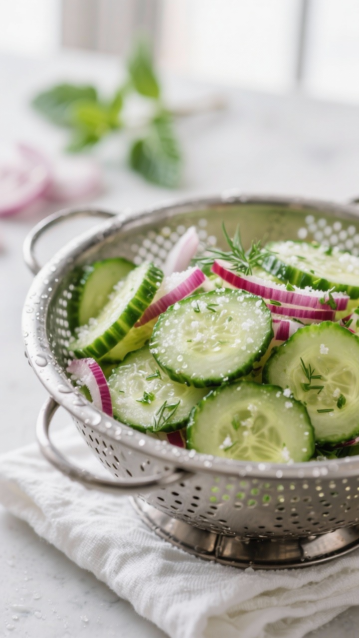 Close-up detail, process shot: Thinly sliced, salted English cucumber rounds draining in a metal col