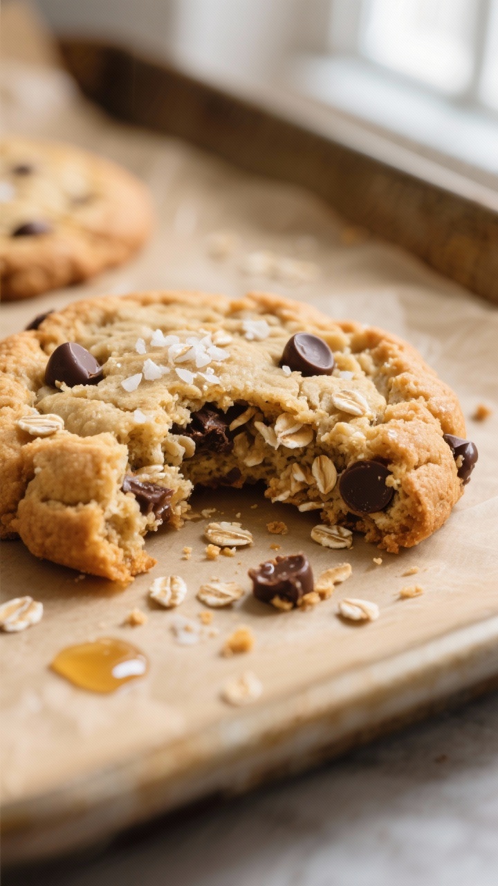 Close-up detail shot: A just-baked honey oatmeal cookie torn in half to reveal a soft, chewy center 