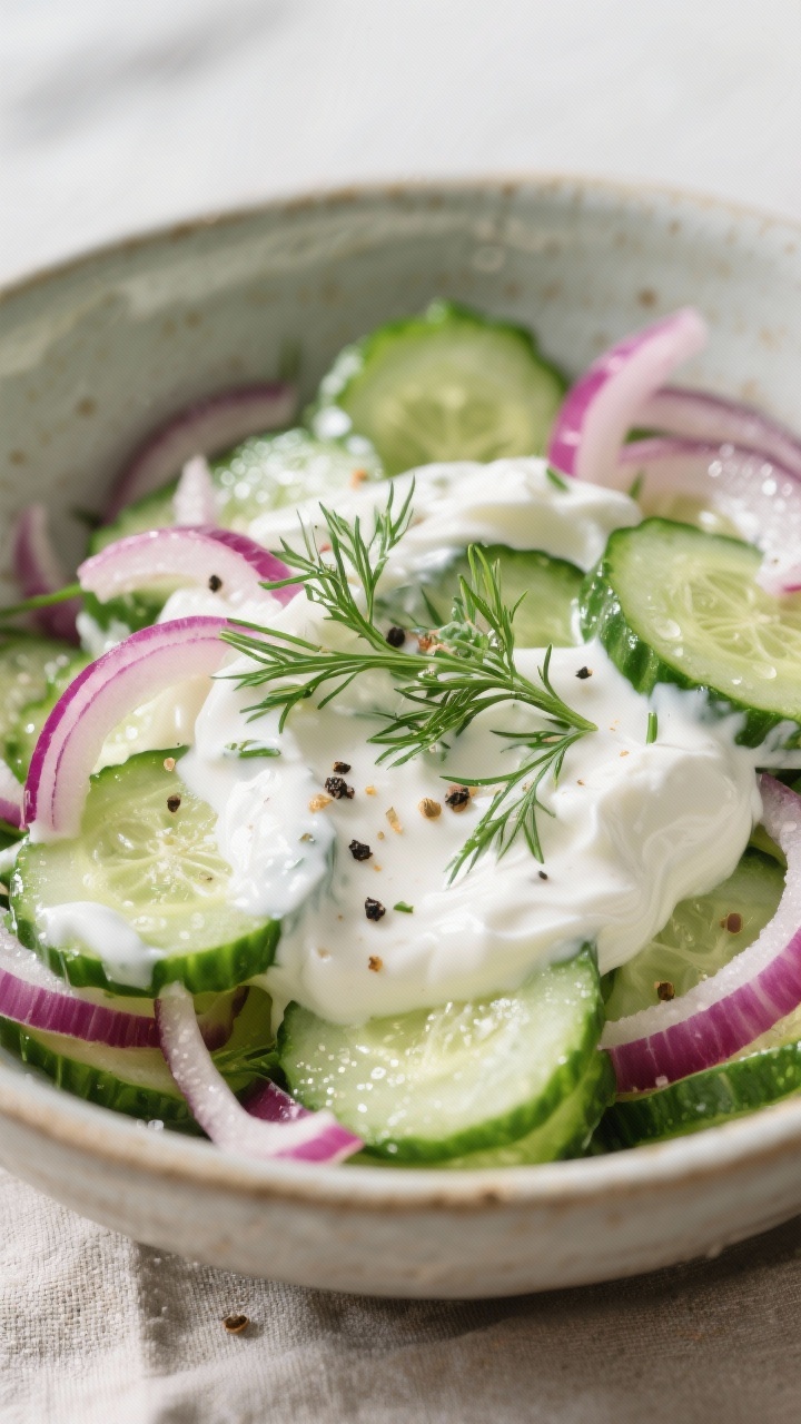 Close-up detail shot: Creamy cucumber salad mid-prep in a ceramic mixing bowl, thin salted cucumber 
