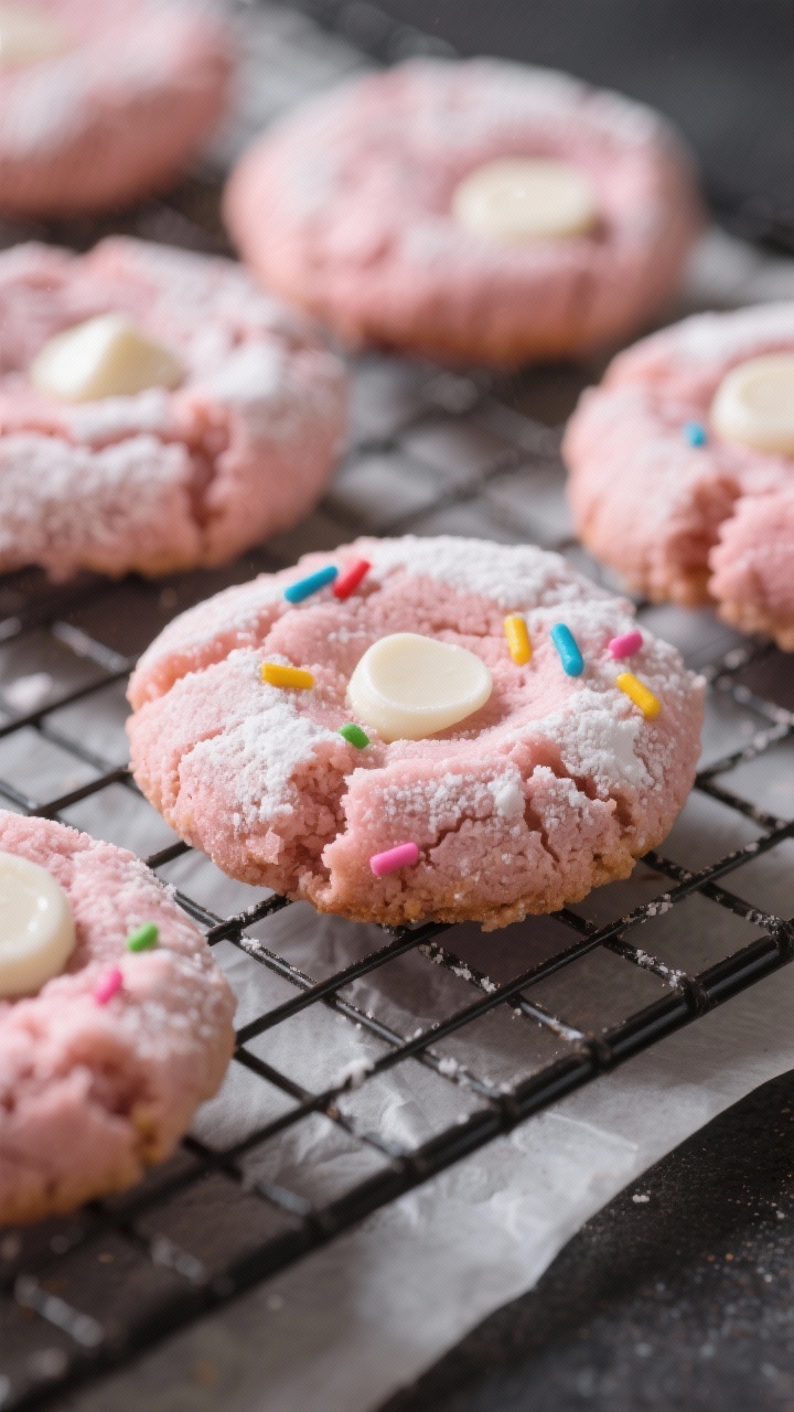 Close-up detail shot: Freshly baked strawberry cake mix cookies cooling on a wire rack, slightly puf