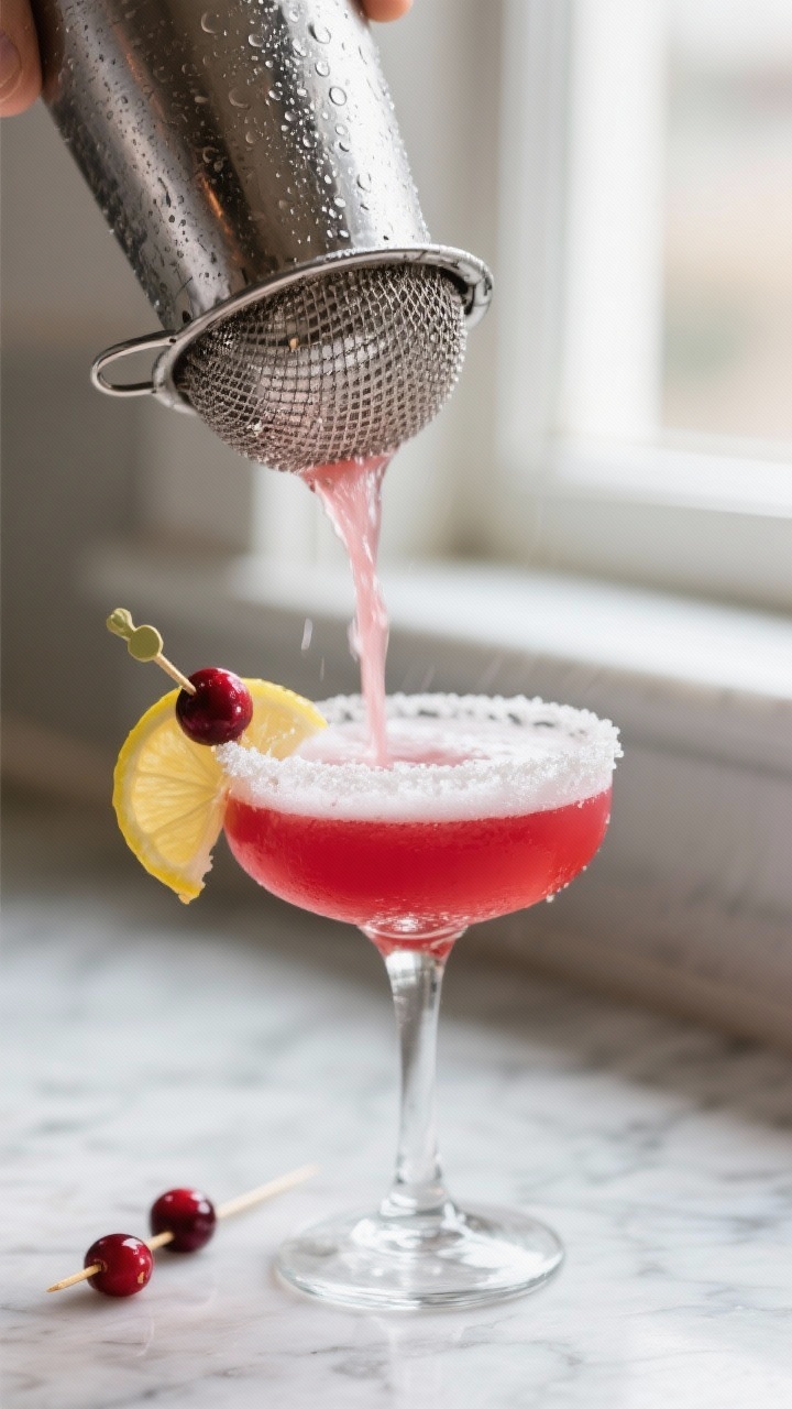 Close-up detail shot of a freshly shaken Cranberry Lemon Drop being double-strained into a chilled, 