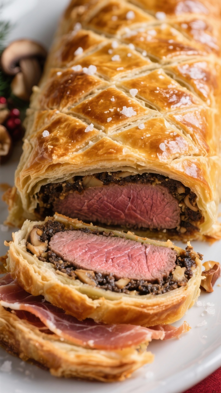 Close-up detail shot of a just-sliced Christmas Beef Wellington showing concentric layers: deep-gold