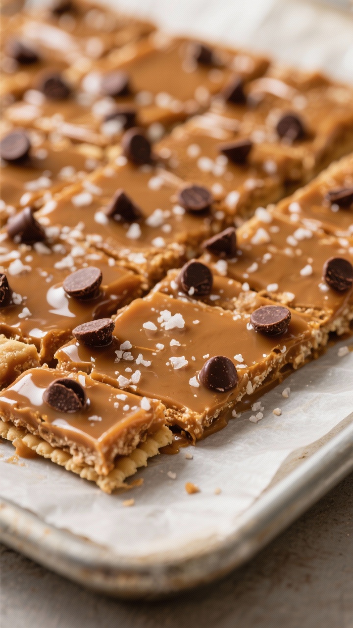 Close-up detail shot of freshly baked saltine toffee just out of the oven: a tight layer of saltines