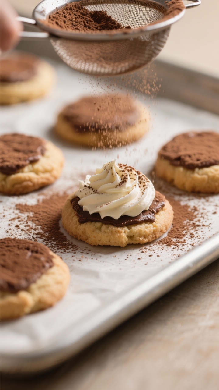 Close-up detail shot of freshly baked tiramisu cookies being dusted with cocoa: a cluster of soft, e