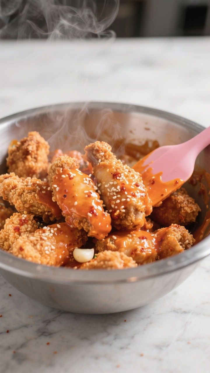 Close-up detail shot of freshly cooked Bang Bang chicken pieces being tossed in glossy orange-pink s