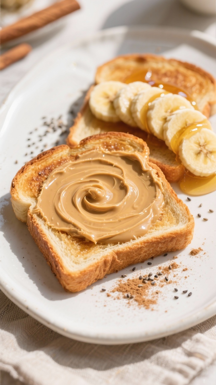 Close-up final dish of peanut butter banana toast: two golden-brown slices on a white ceramic plate,