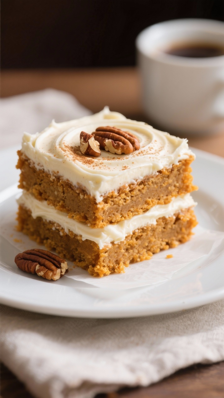 Close-up, final plated squares of pumpkin bars fully frosted and neatly sliced, edges clean from chi