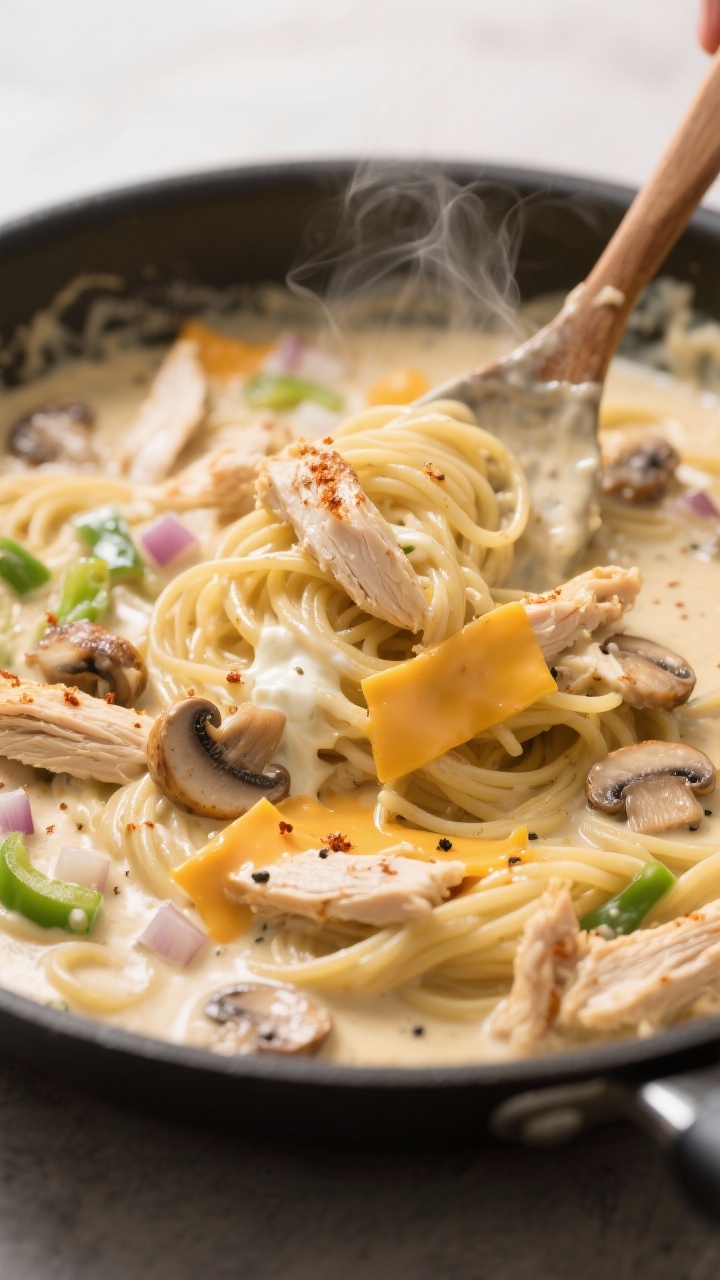Close-up process shot of the creamy sauce being folded with shredded rotisserie chicken and spaghett