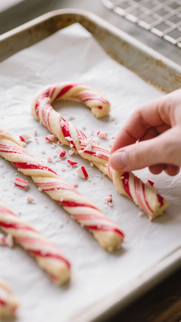 Close-up process shot: Twisted red-and-white candy cane cookie ropes being formed on a parchment-lin