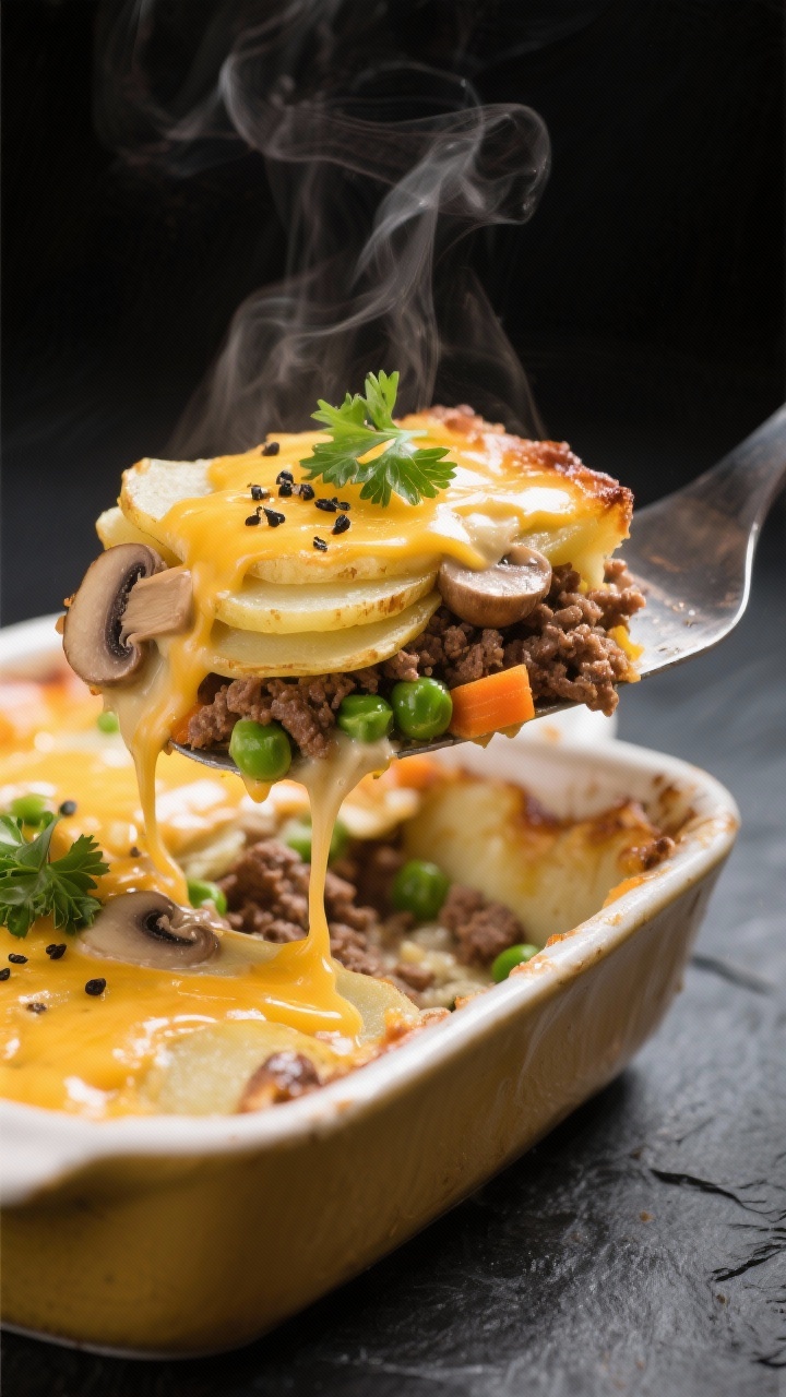 Close-up, shallow depth-of-field slice being lifted from the casserole with a metal spatula: distinc