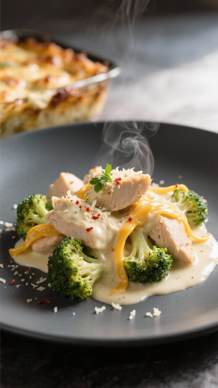 Close-up, three-quarter angle of a plated serving of the casserole on a matte charcoal plate, showin