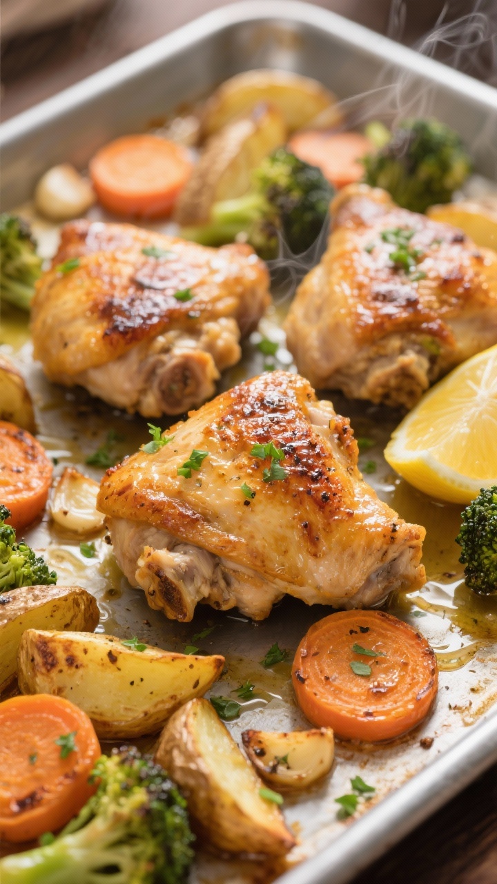 Close-up three-quarter shot of sheet-pan chicken thighs and vegetables just out of the oven: golden,