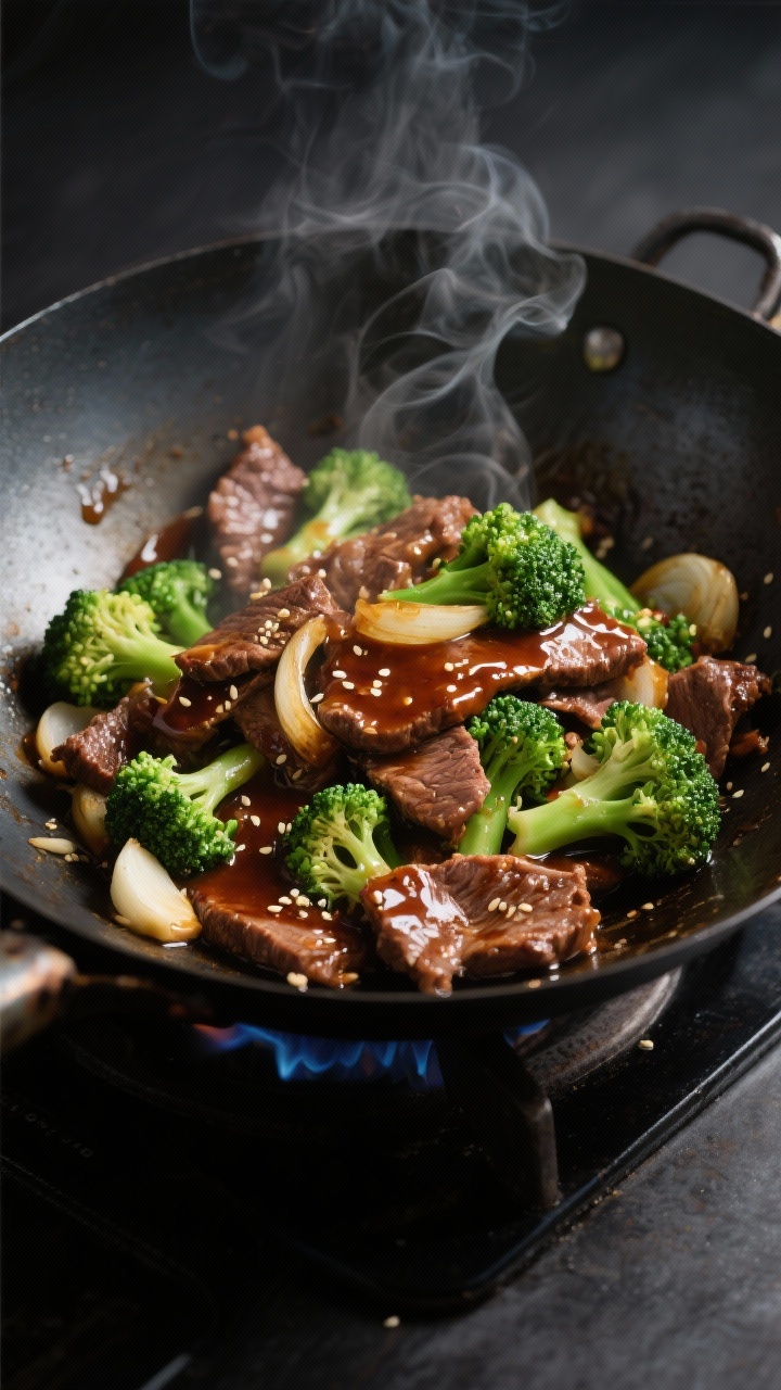 Cooking process — Beef and Broccoli stir-fry mid-toss in a carbon steel wok over high heat: thin, 