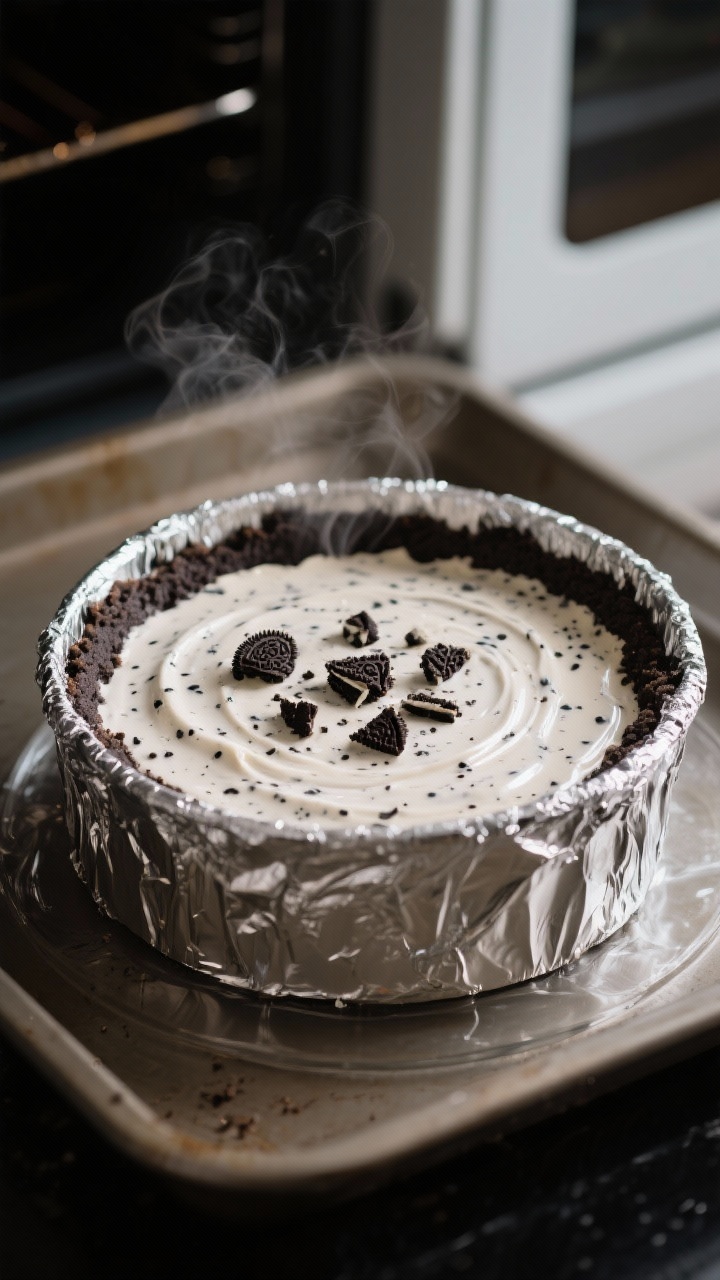 Cooking process close-up: A 23 cm springform tin filled with glossy, speckled Oreo cheesecake batter