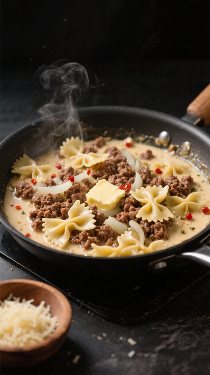 Cooking process close-up: A large skillet on the stove with browned crumbled ground beef simmering i