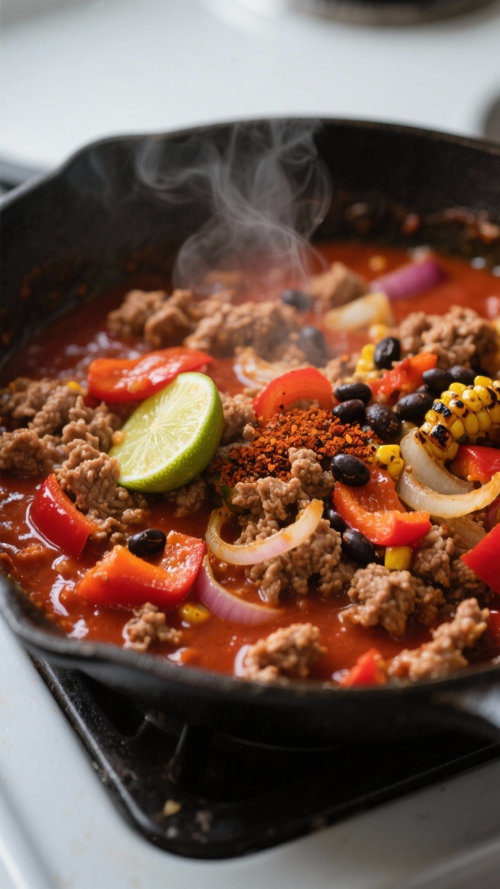 Cooking process close-up: A sizzling skillet scene of browned ground turkey mixed with sautéed onio