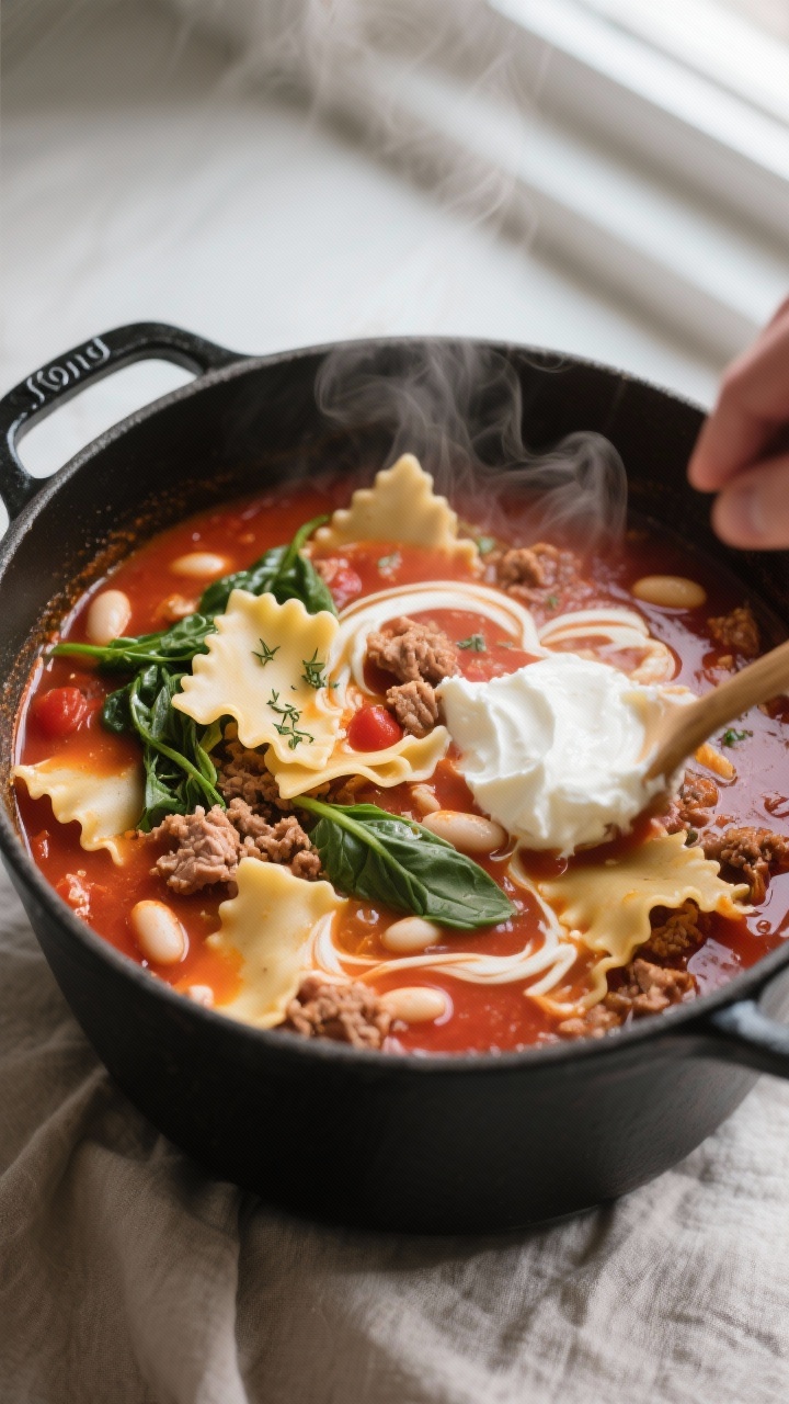 Cooking process close-up: A steaming pot of High Protein Lasagna Soup at a lively simmer, overhead-a