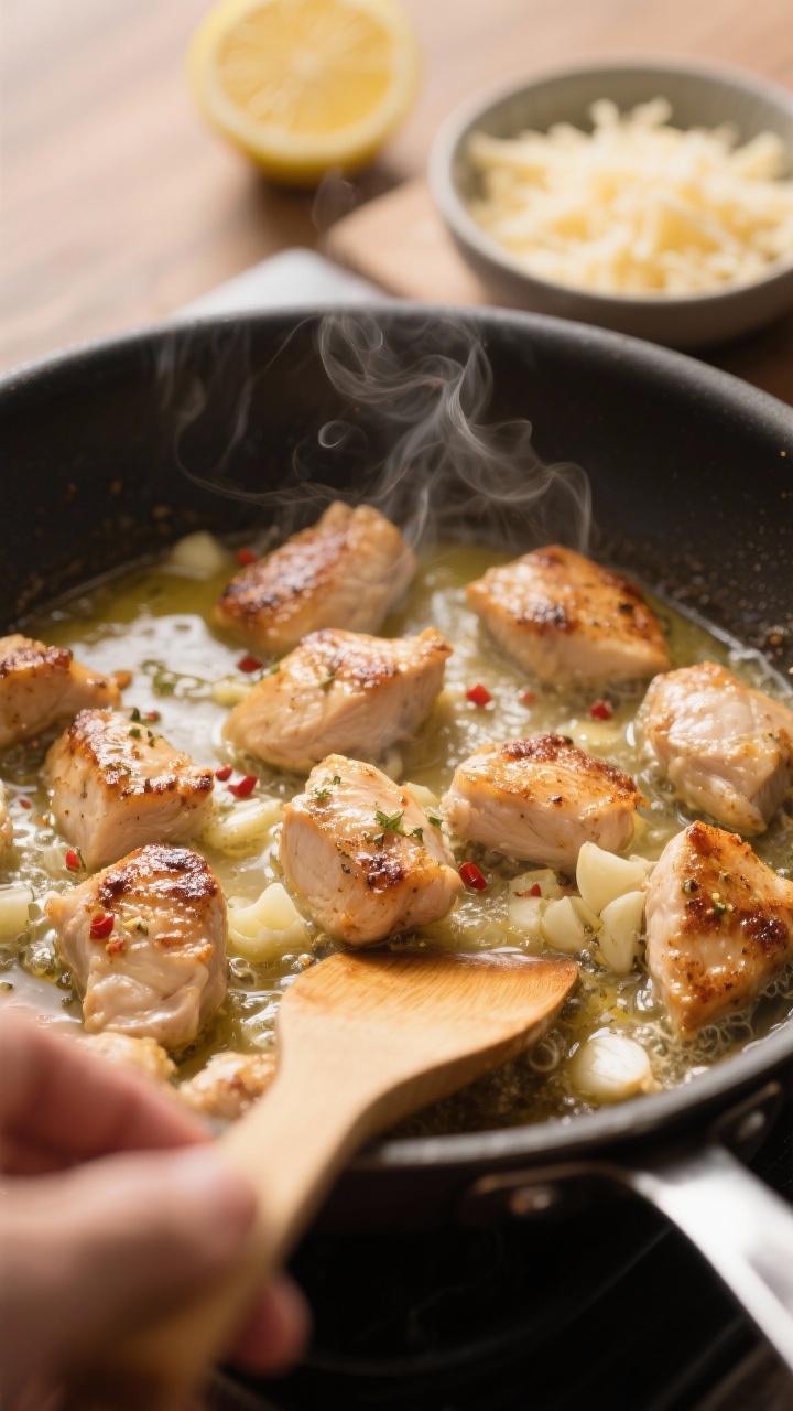 Cooking process close-up: Bite-size seared chicken pieces in a large stainless skillet, glistening i