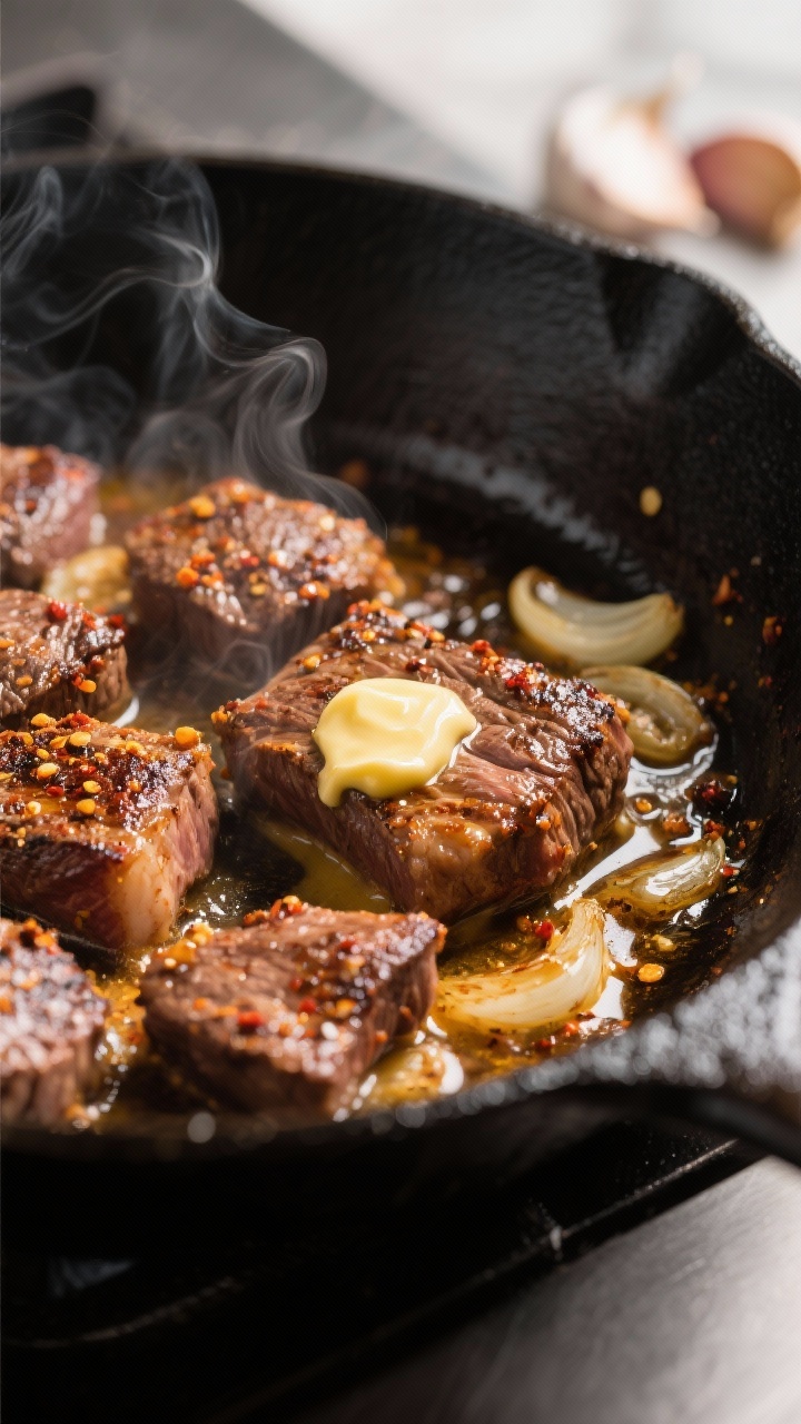 Cooking process close-up: Cajun-seasoned steak tips sizzling in a large black skillet, golden-brown 