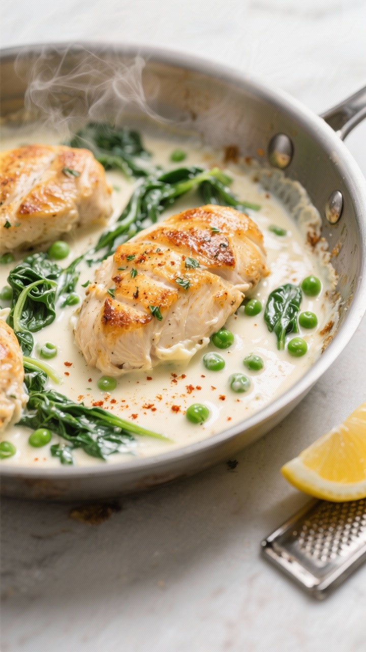 Cooking process close-up: Cream Cheese Chicken simmering in a large stainless-steel skillet, golden-