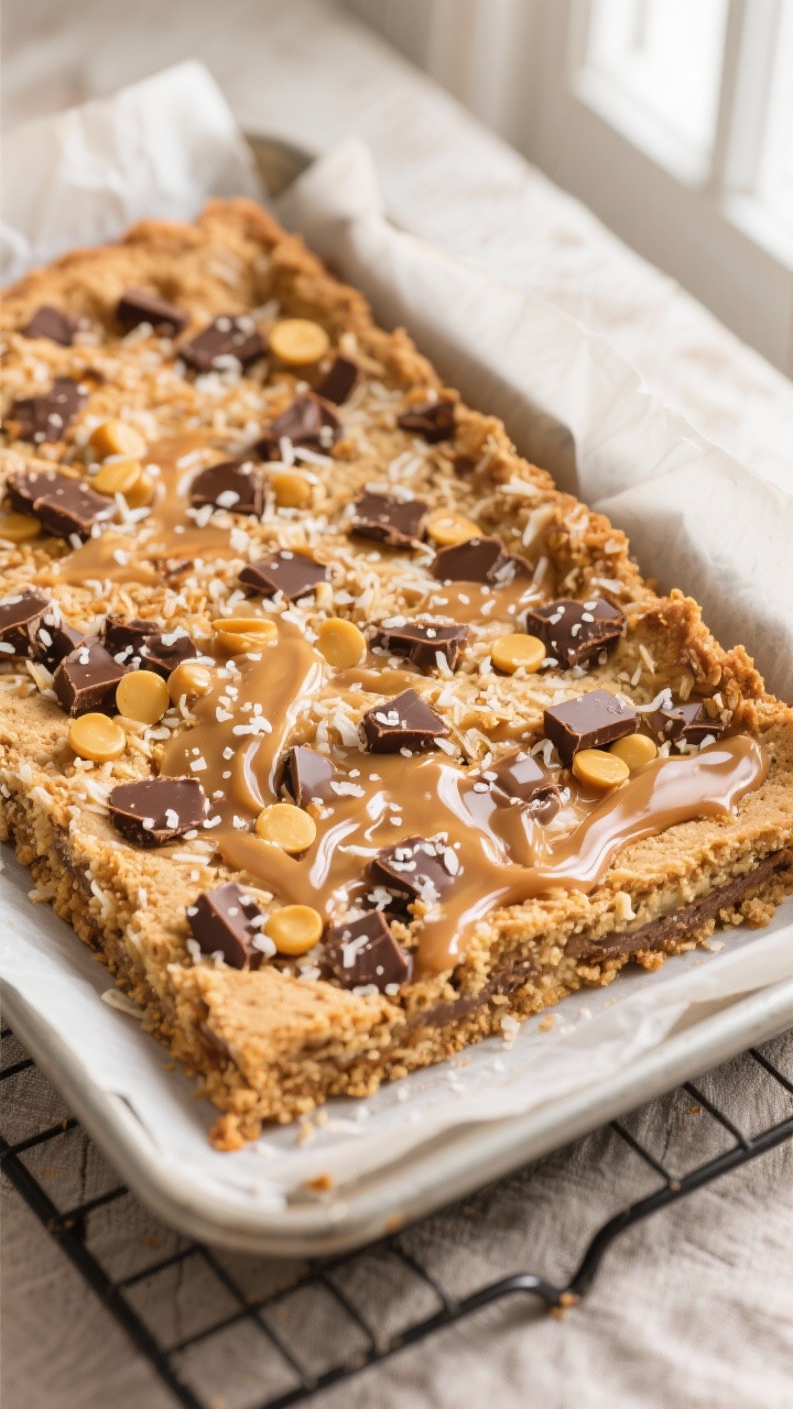 Cooking process, close-up detail: A 9x13 pan of Magic Cookie Bars just out of the oven, overhead top