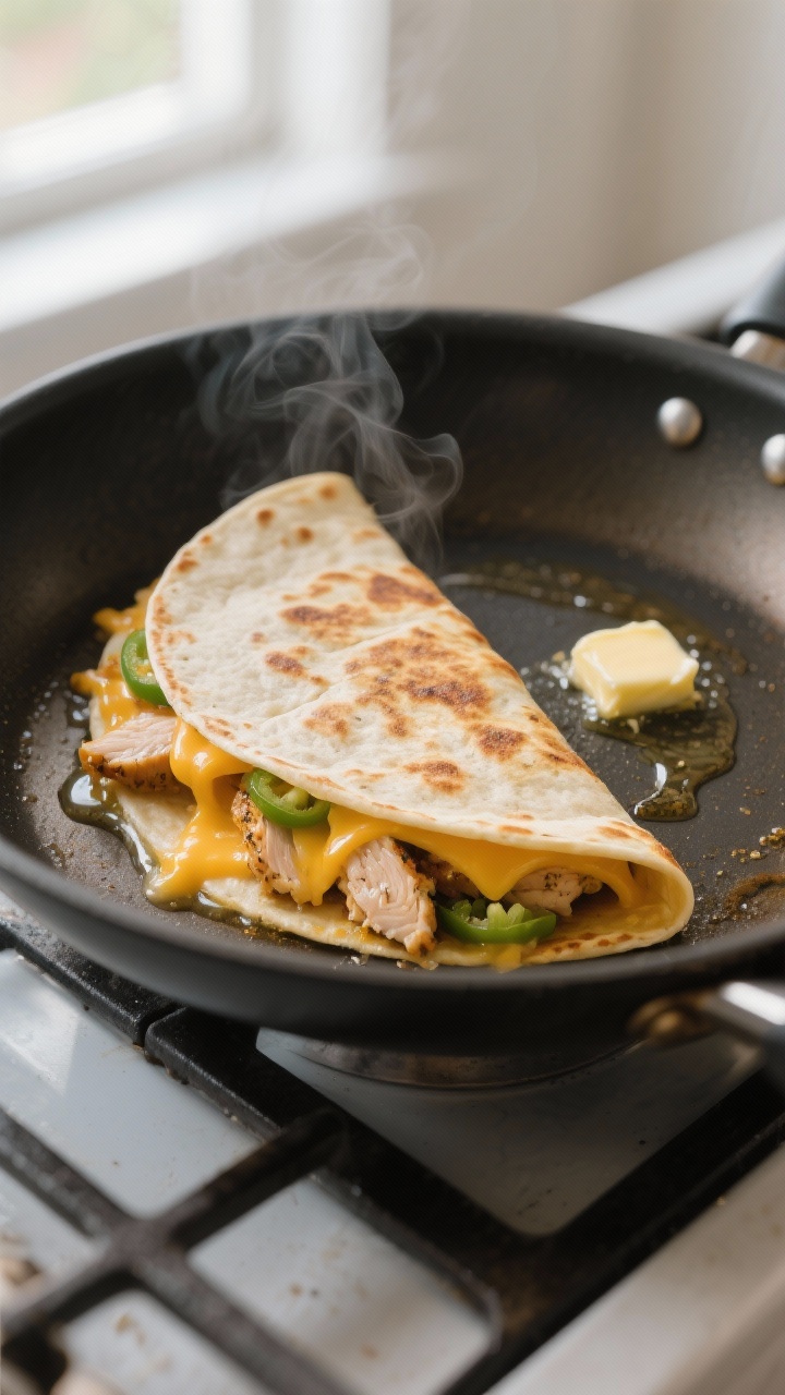 Cooking process, close-up detail: A half-moon chicken quesadilla sizzling in a nonstick skillet over
