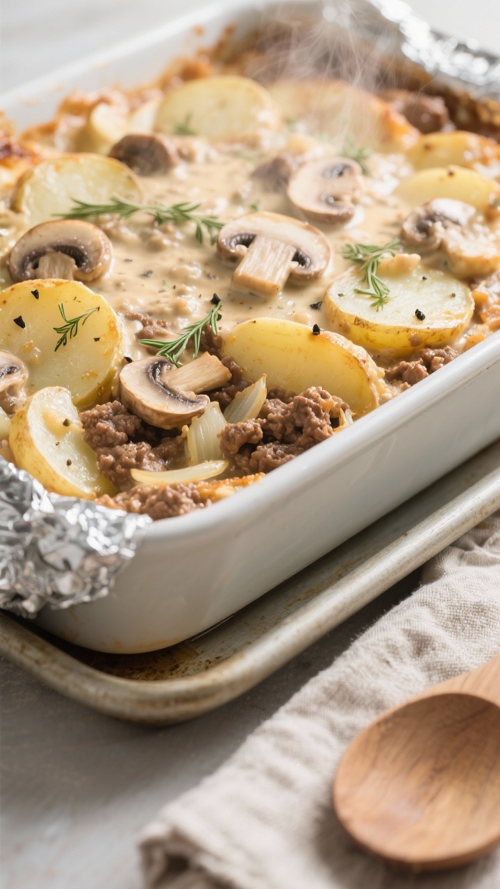 Cooking process, close-up detail: Close-up of a bubbling Hobo Casserole just after removing the foil
