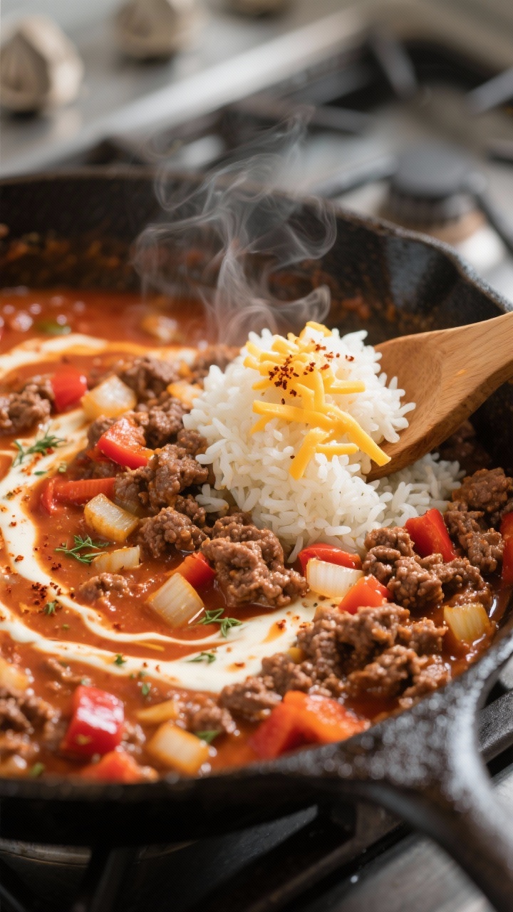 Cooking process, close-up detail: Close-up of a cast-iron skillet filled with browned ground beef, d