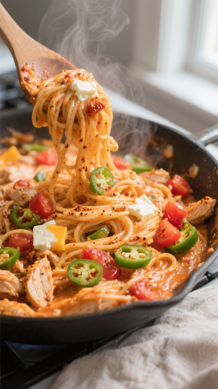 Cooking process, close-up detail: Creamy, spicy chicken spaghetti being tossed in a large skillet ju