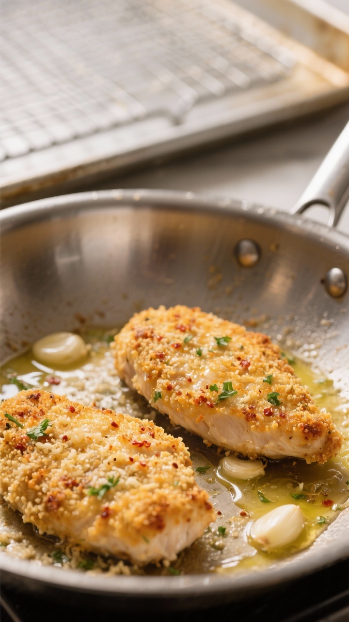 Cooking process, close-up detail: Golden-breaded Garlic Parmesan Chicken cutlets sizzling in a stain