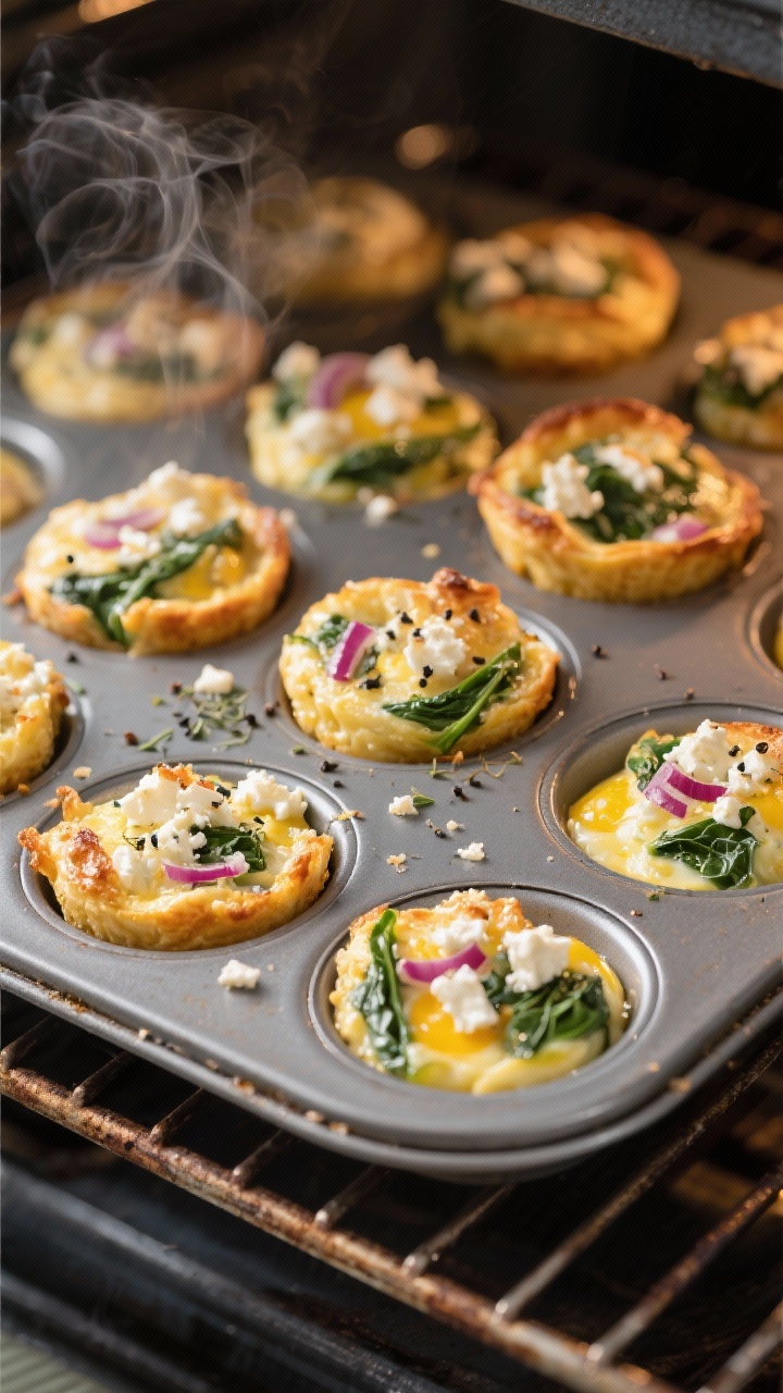 Cooking process, close-up detail: Golden, just-baked spinach and feta egg muffins still in a well-gr