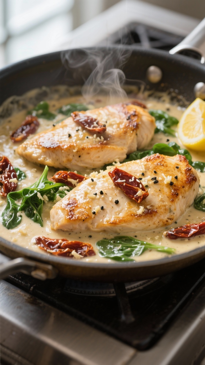 Cooking process, close-up detail: Golden pan-seared chicken cutlets simmering in a silky garlic Parm