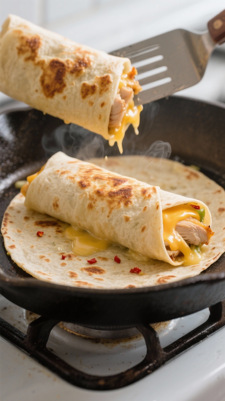 Cooking process, close-up detail: Golden, tightly rolled cheesy garlic chicken wrap sizzling seam-si