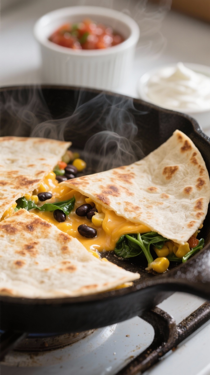 Cooking process, close-up detail: Quick Veggie Quesadilla in a cast-iron skillet mid-cook, tortilla 