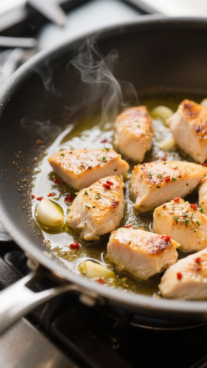 Cooking process, close-up detail: Searing bite-size chicken breast pieces in a large stainless skill