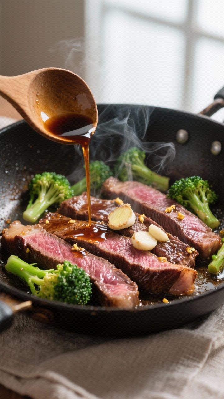 Cooking process, close-up detail: Searing thinly sliced flank steak in a large, dark carbon-steel sk