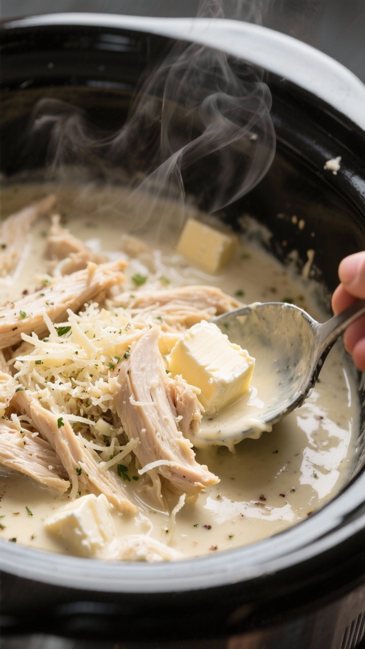 Cooking process, close-up detail: Shredded slow-cooker garlic Parmesan chicken being stirred back in