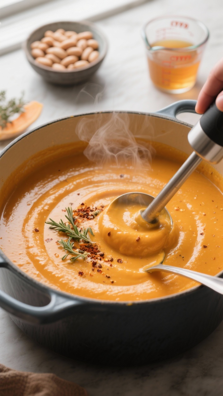 Cooking process, close-up detail: Silky butternut squash soup being blended directly in a Dutch oven