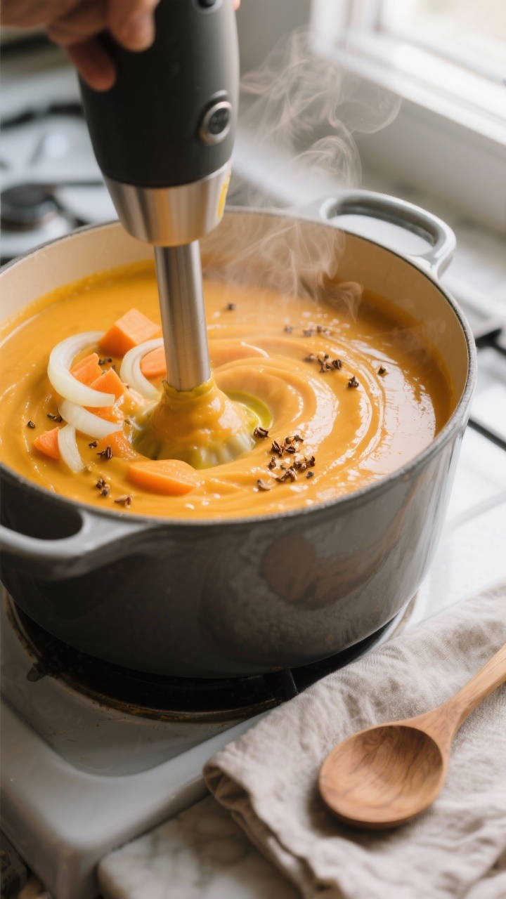 Cooking process, close-up detail: Velvety butternut squash soup mid-blend in a Dutch oven using an i