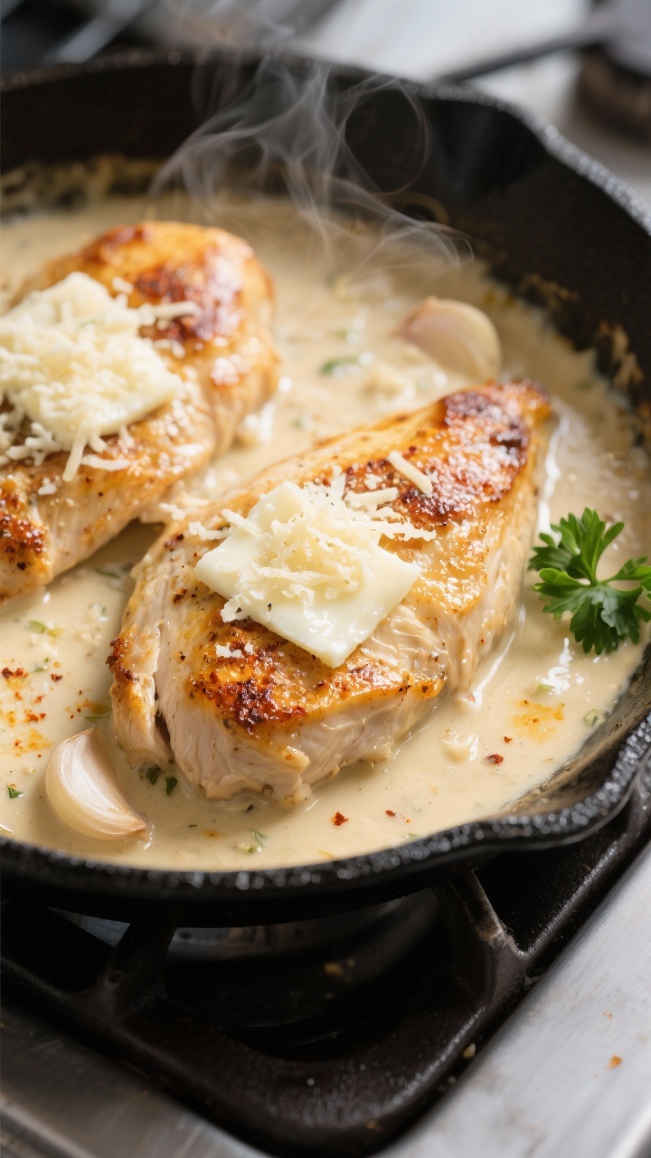 Cooking process close-up: Golden-seared chicken breasts nestled in a creamy garlic-Parmesan sauce in