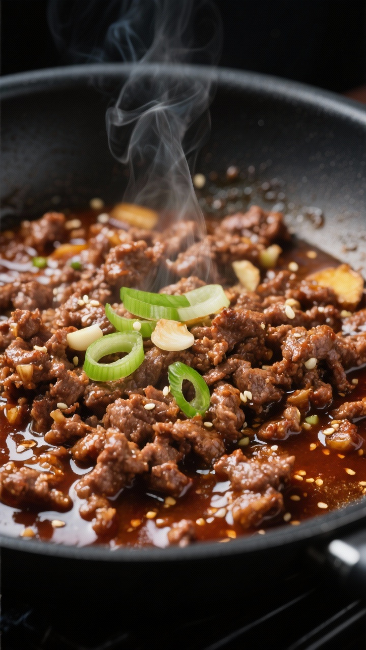 Cooking process close-up: Korean ground beef sizzling in a wide black skillet over medium-high heat,